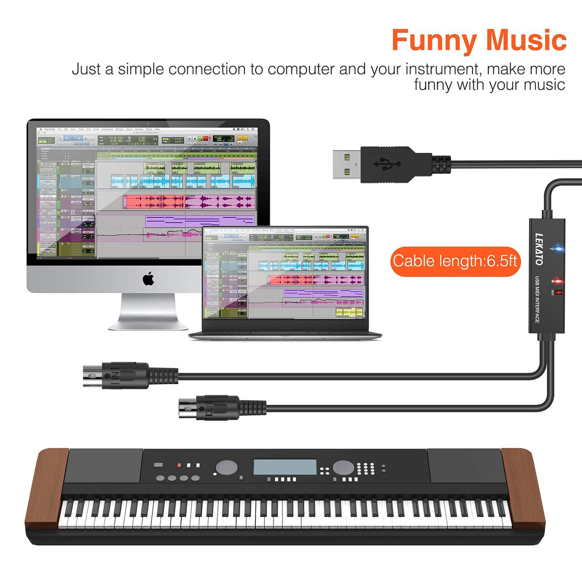 USB MIDI Cable 6.5Ft with Input & Output J1931