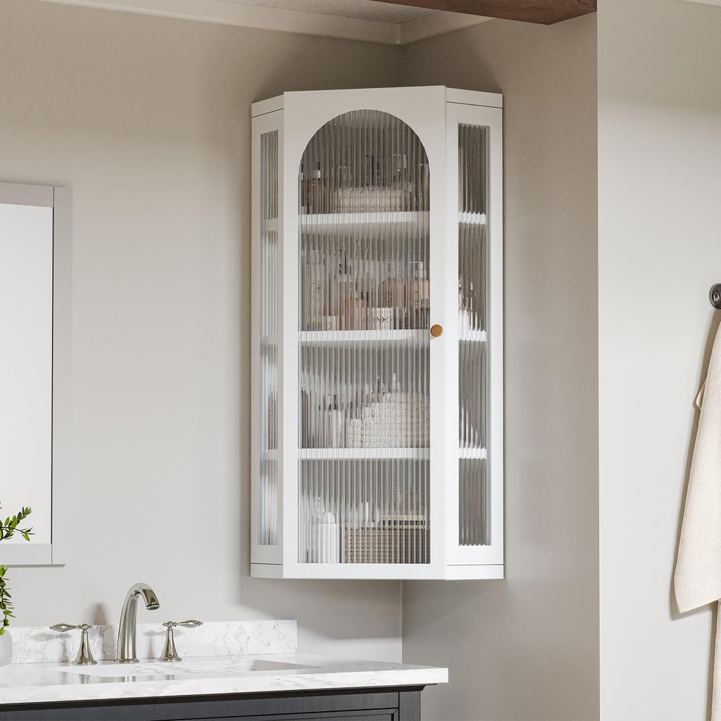 White Metal Corner Wall Cabinet with Glass Doors and Shelves N6426