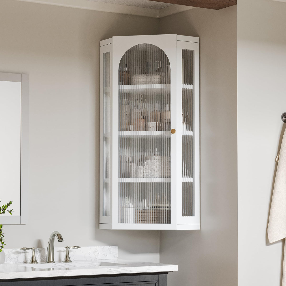 White Metal Corner Wall Cabinet with Glass Doors and Shelves N6426