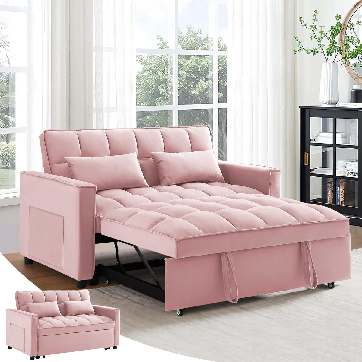 Pink Velvet Convertible Sleeper Sofa Bed P2364