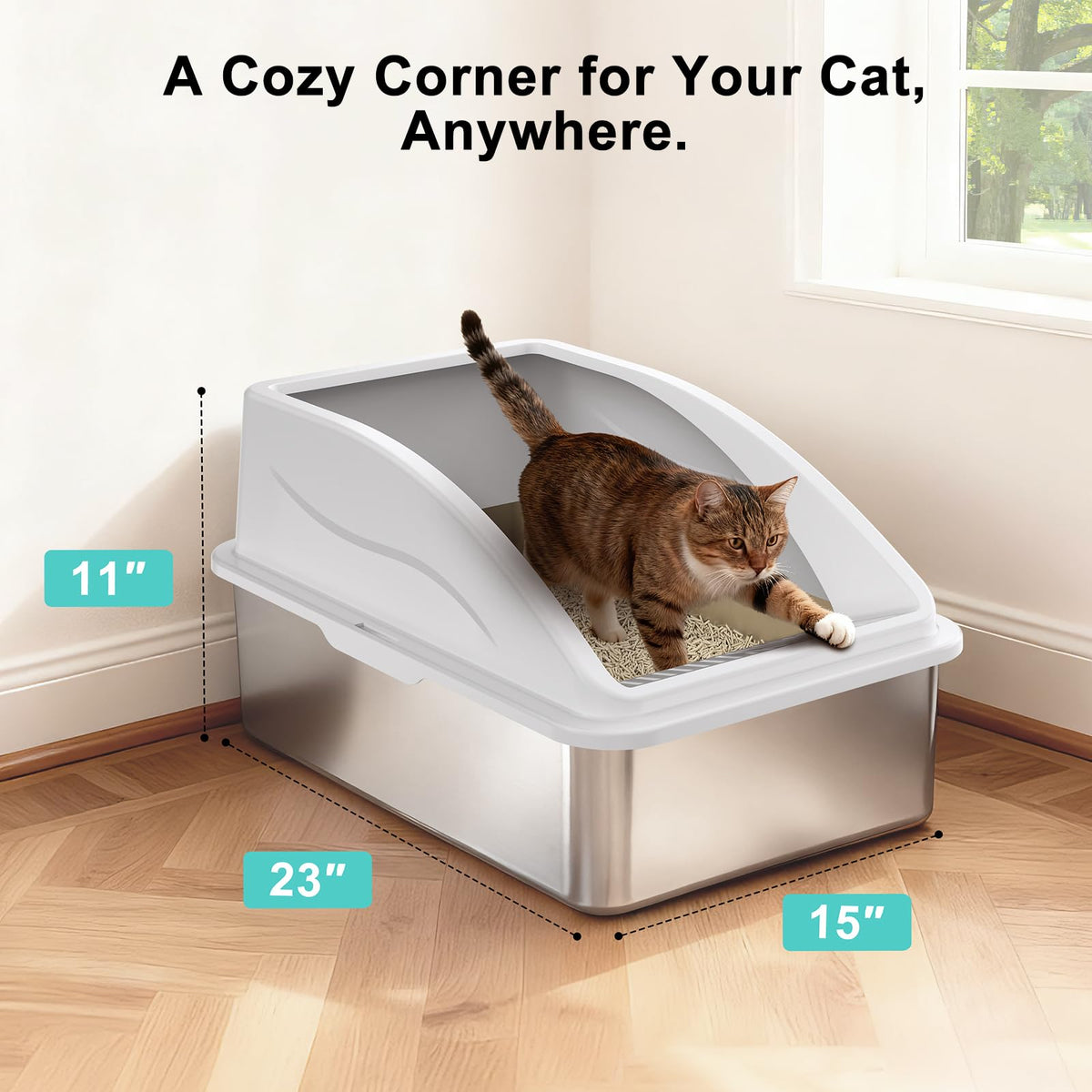 XL Enclosed High Sided Stainless Steel Cat Litter Box with Lid W9929