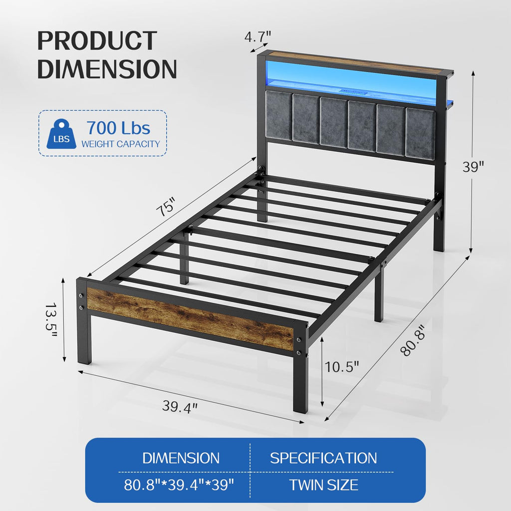 Twin Size Grey Upholstered Bed Frame U844