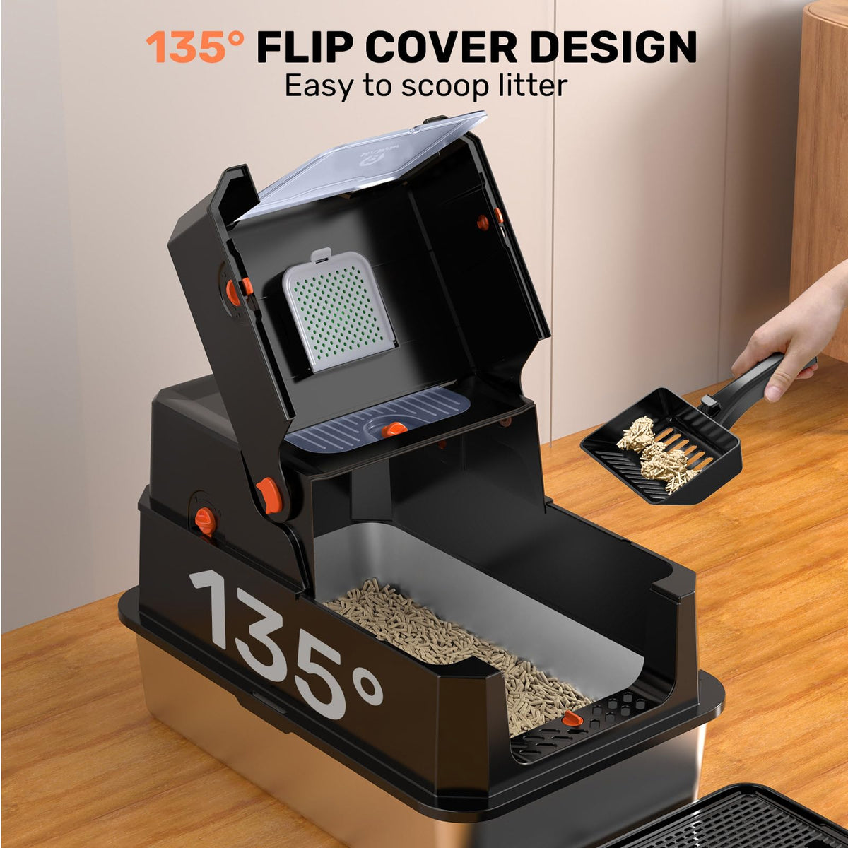Stainless Steel Enclosed Litter Box with Lid, Scoop & Pedal, Black W752