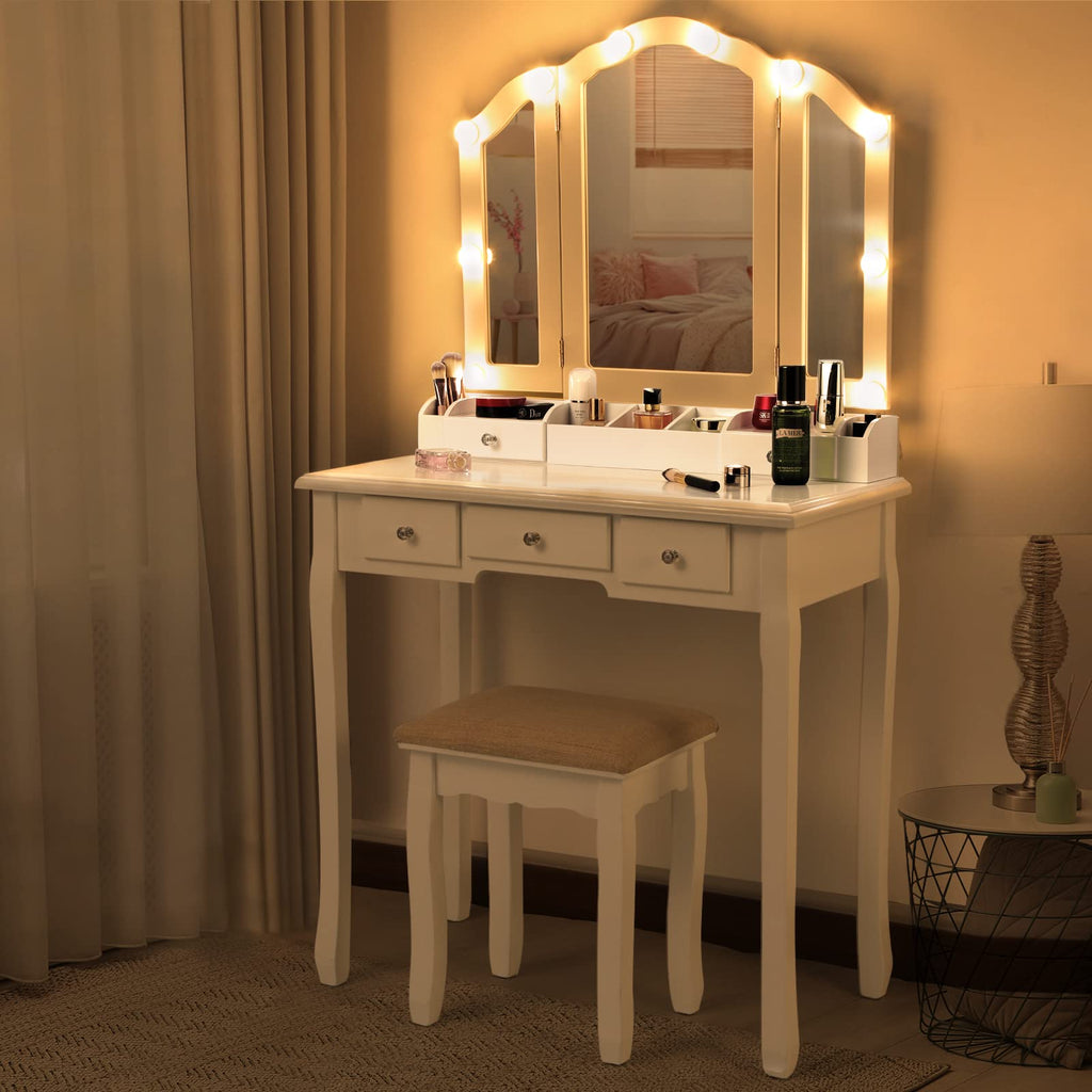 White Makeup Vanity Desk with Mirror and Chair B312395