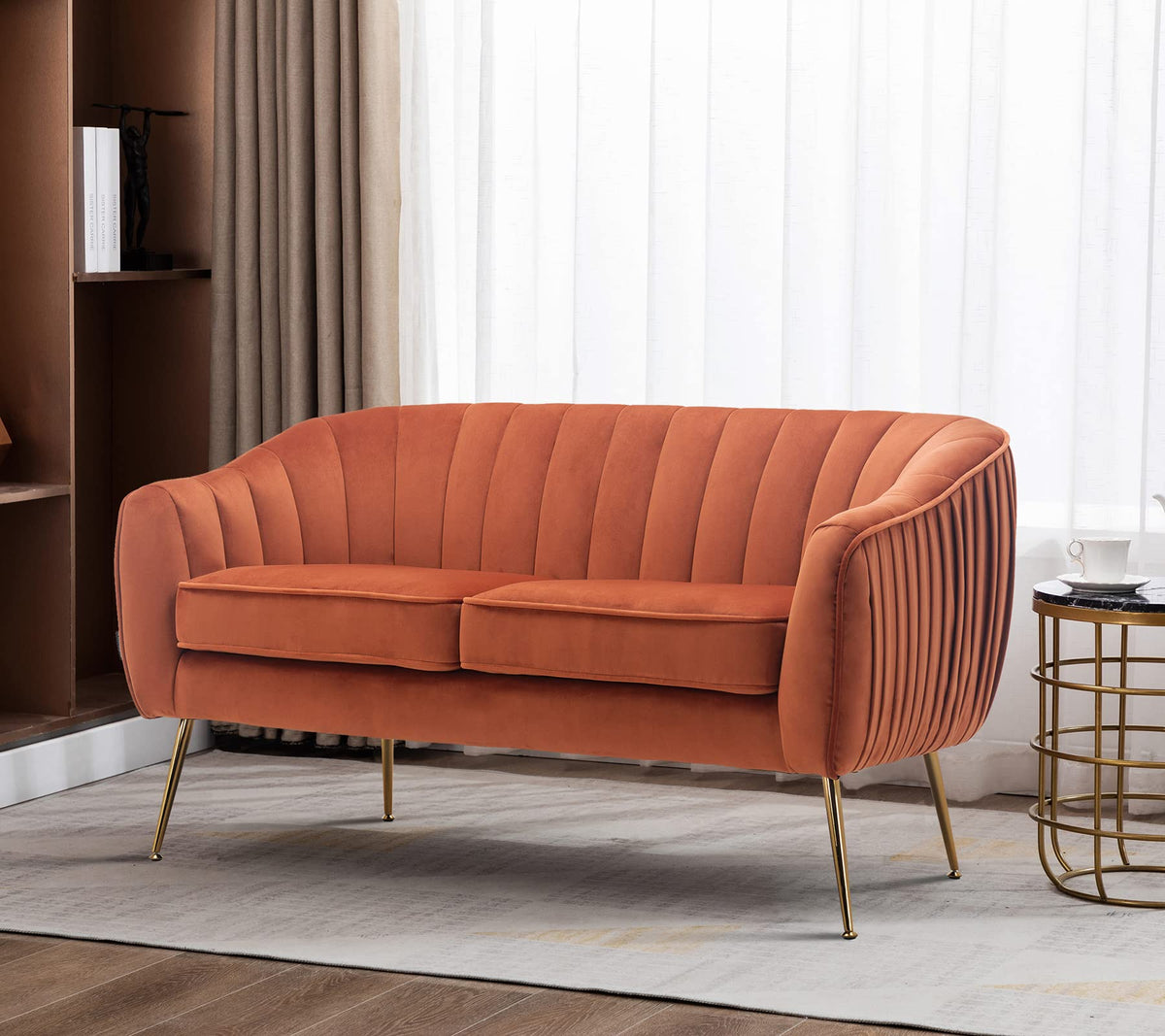 Tufted Velvet Barrel Loveseat Sofa with Golden Metal Legs X509