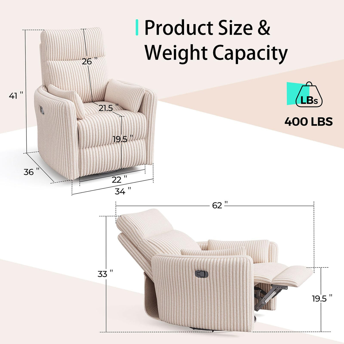360 Swivel Recliner Chair with 2 Pillows Beige Corduroy P8300