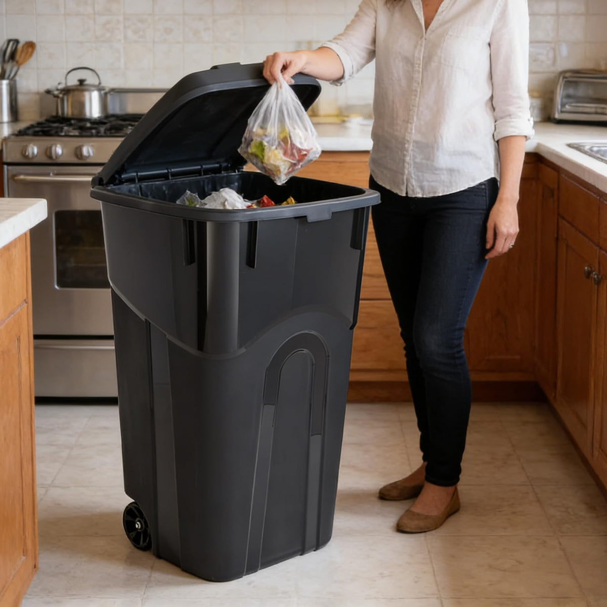 32 Gallon Wheeled Plastic Trash Can with Lid E27579