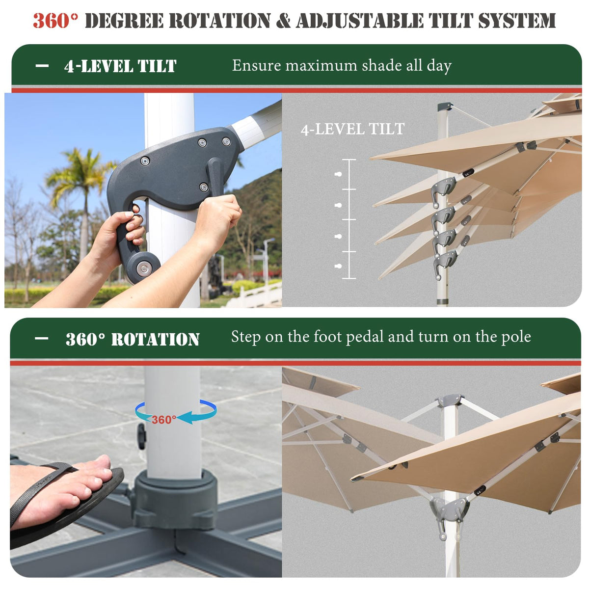 10 FT Square Cantilever Patio Umbrella with Solar LED Lights and Cross Base, Khaki E4312