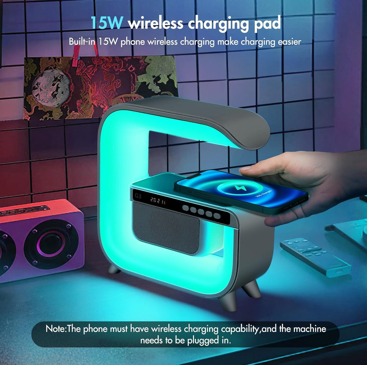 Table Lamp with Bluetooth Speaker, Wireless Charger, Alarm Clock M262