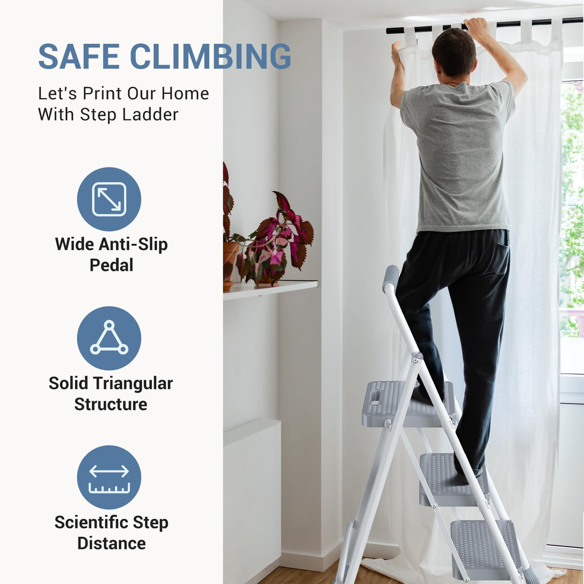 3 Step Ladder with Anti-Slip Pedal and Handrail, 800lbs, Grey D7753