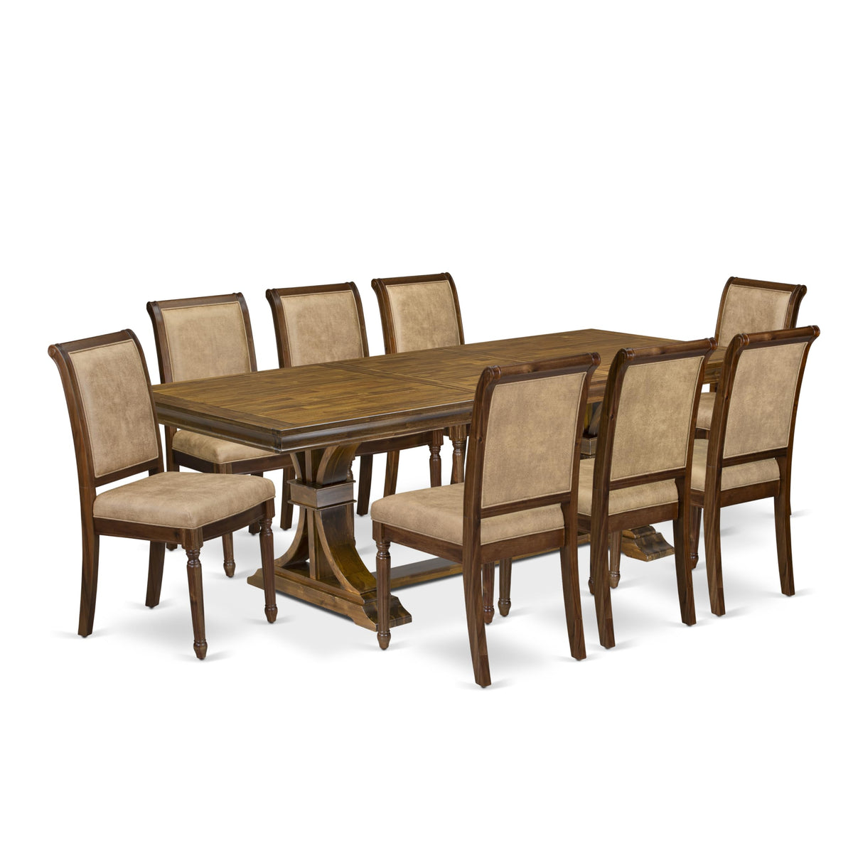 9 Piece Dining Table and 8 Beige Polyester Fabric Chairs U3988