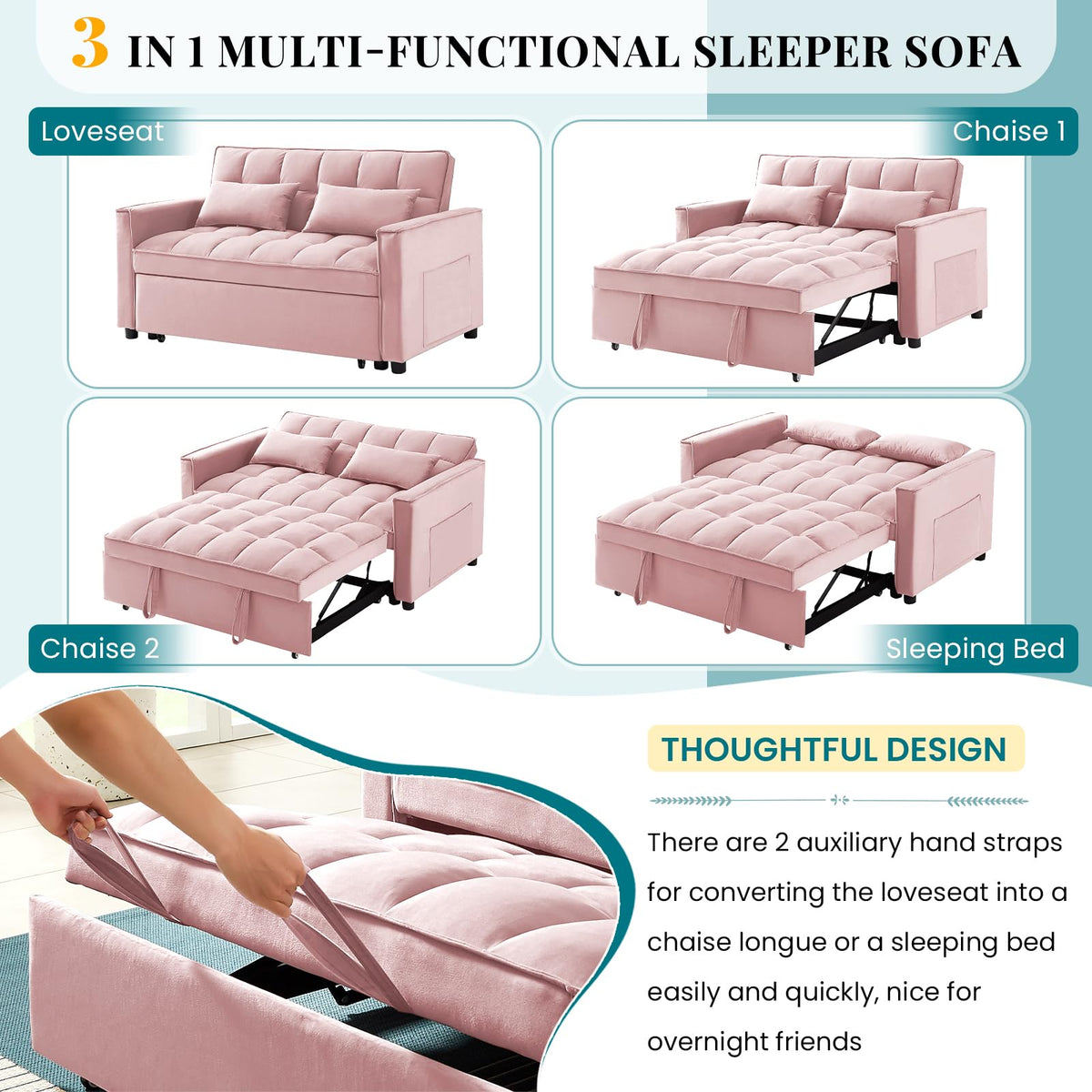 Pink Velvet Convertible Sleeper Sofa Bed P2364