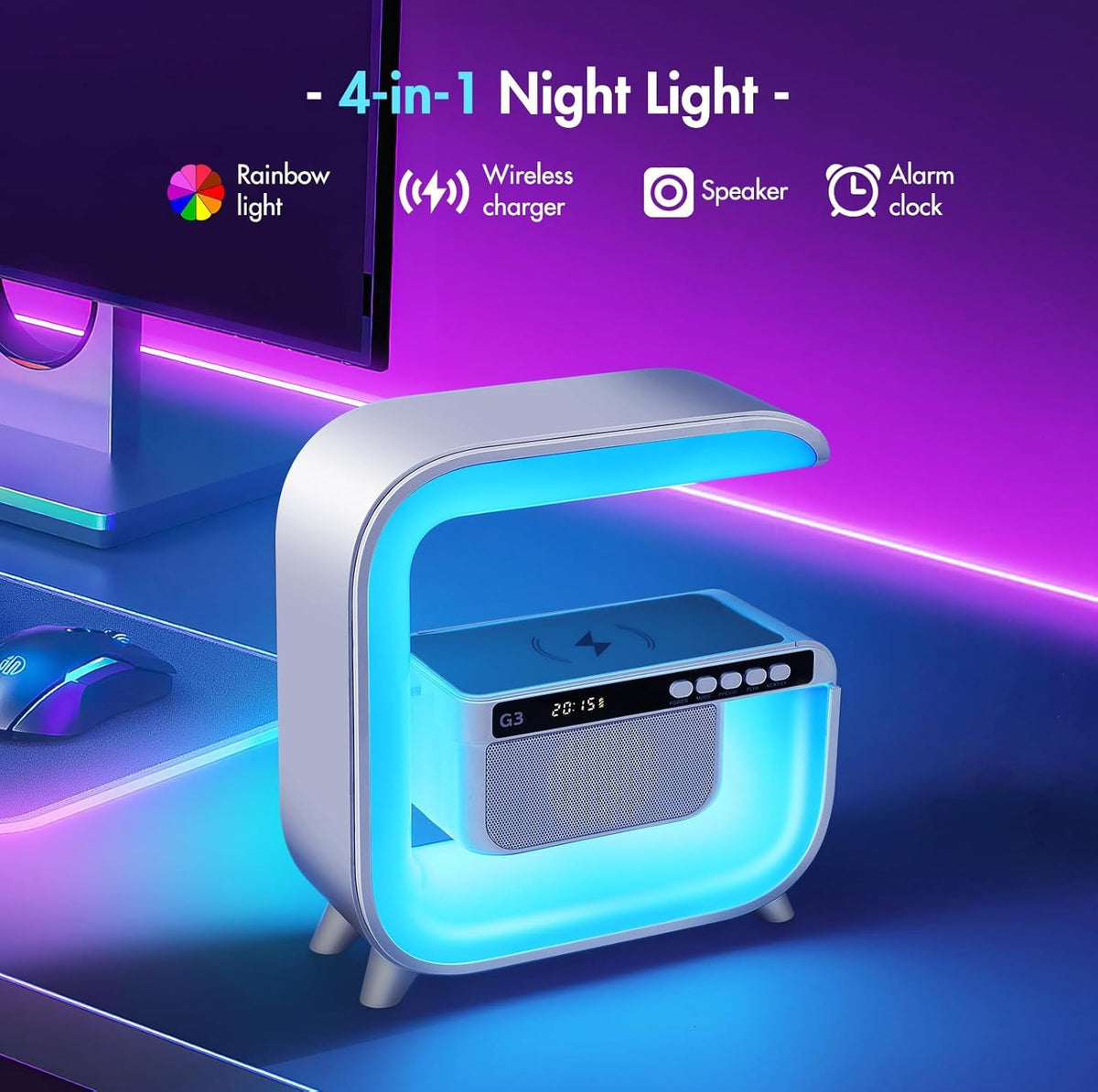 Table Lamp with Bluetooth Speaker, Wireless Charger, Alarm Clock M262