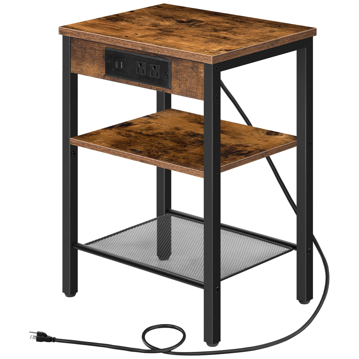 Side Table with Charging Station and USB Port, 3-Tier Nightstand with Adjustable Shelf, Rustic Brown I665