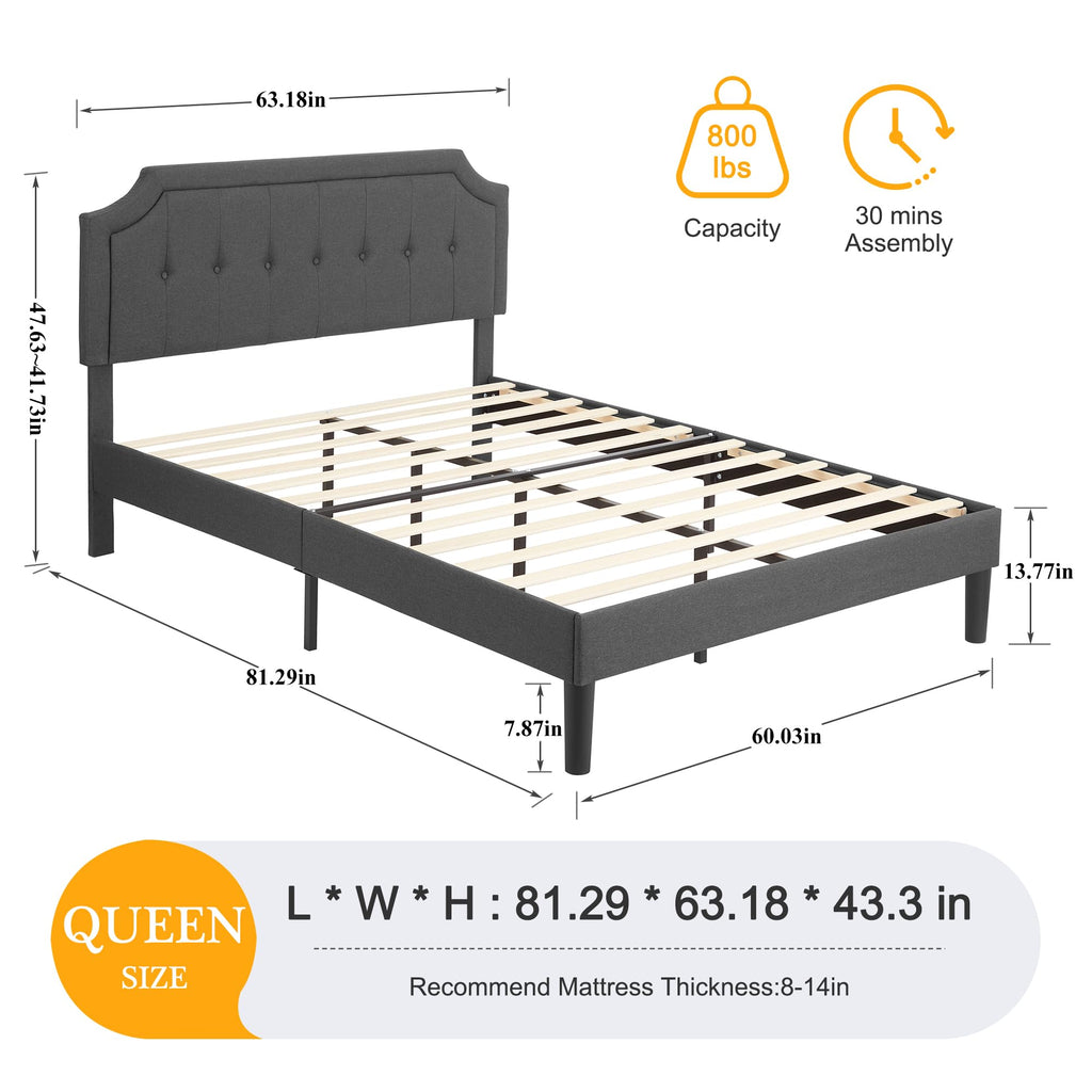 Queen Size Fabric Upholstered Platform Bed Frame with Wooden Slats P809