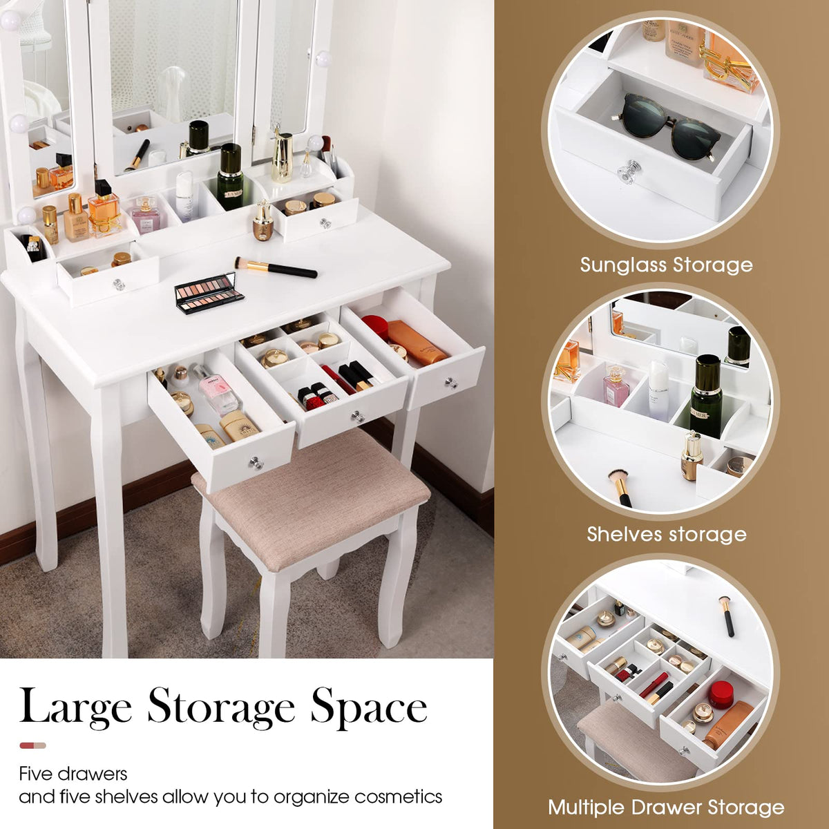 White Makeup Vanity Desk with Mirror and Chair B312395