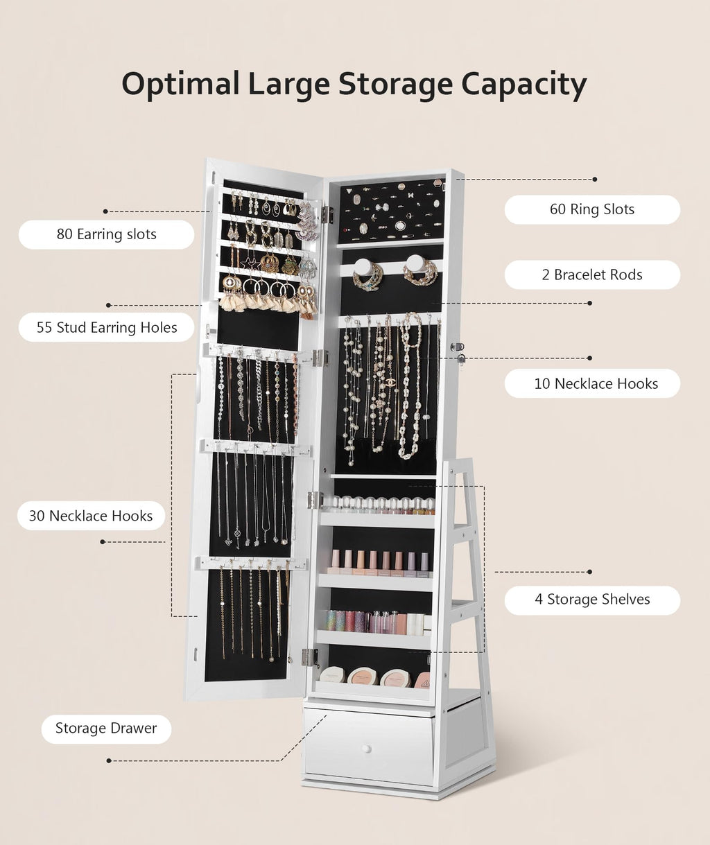 360° Swivel Lockable Jewelry Cabinet with Full Length Mirror J33654
