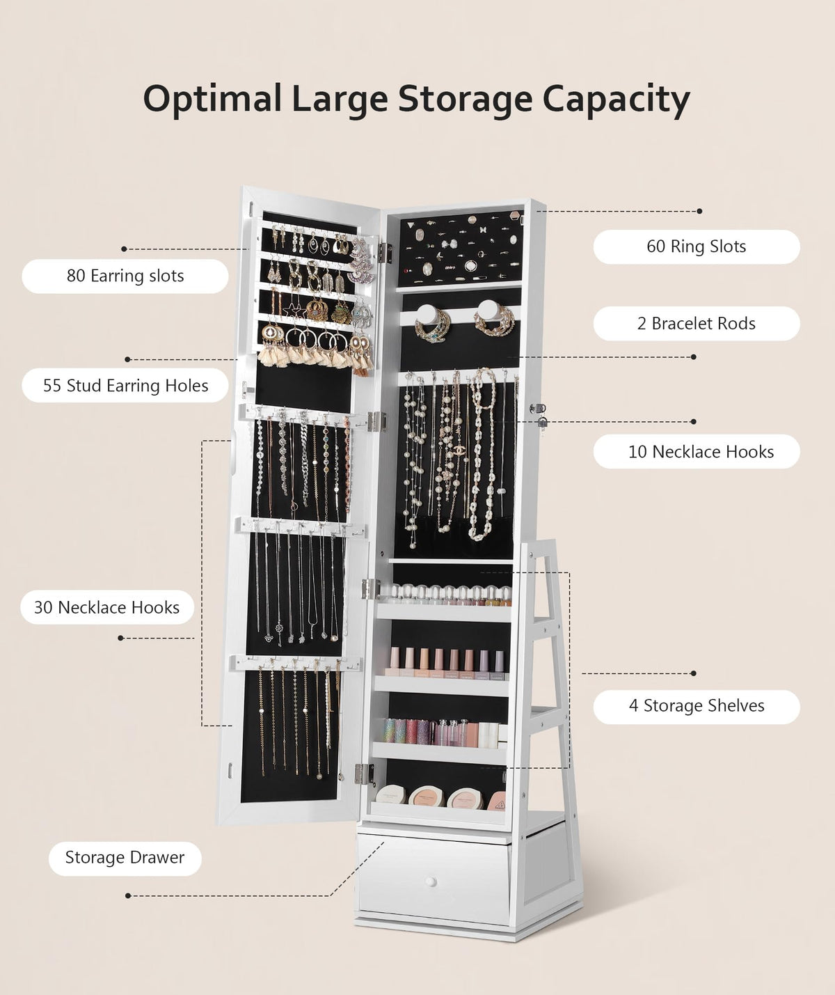 360° Swivel Lockable Jewelry Cabinet with Full Length Mirror J33654