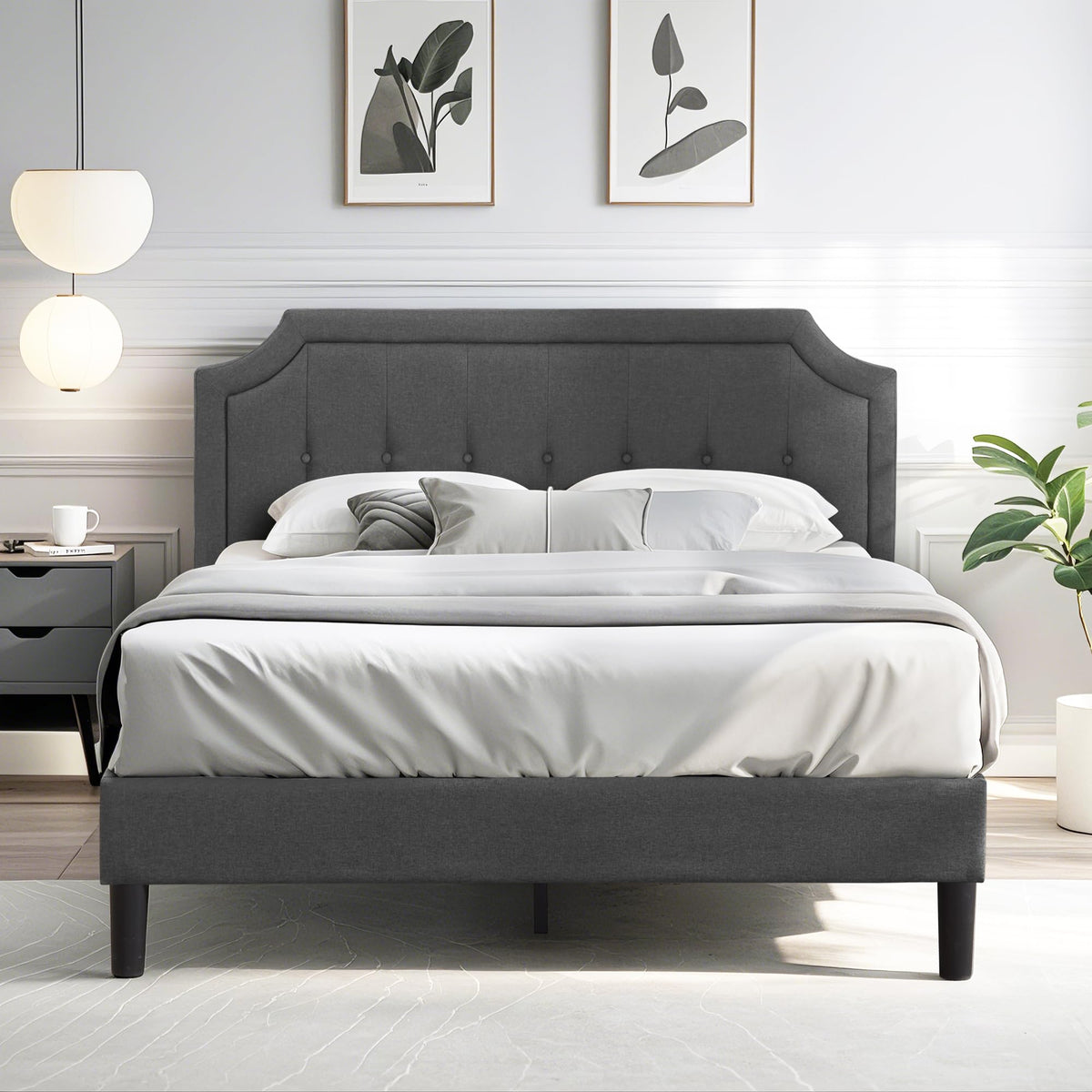 Queen Size Fabric Upholstered Platform Bed Frame with Wooden Slats P809