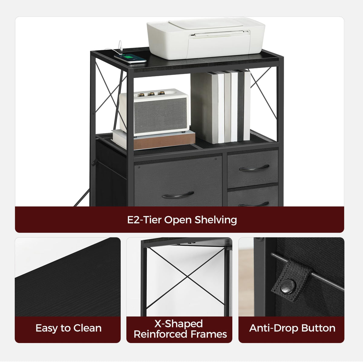 Black 3 Drawer File Cabinet with Charging Station P3358