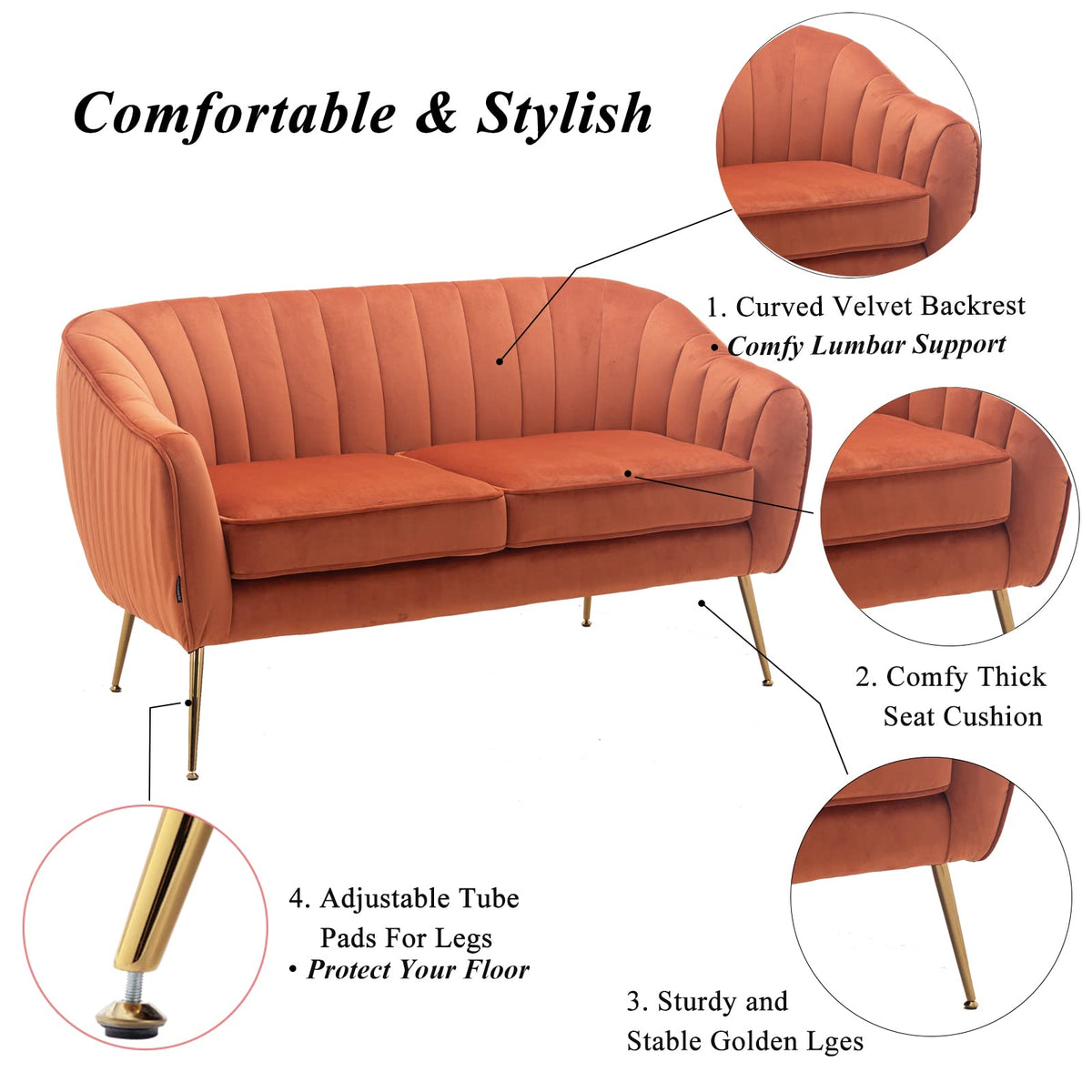 Tufted Velvet Barrel Loveseat Sofa with Golden Metal Legs X509