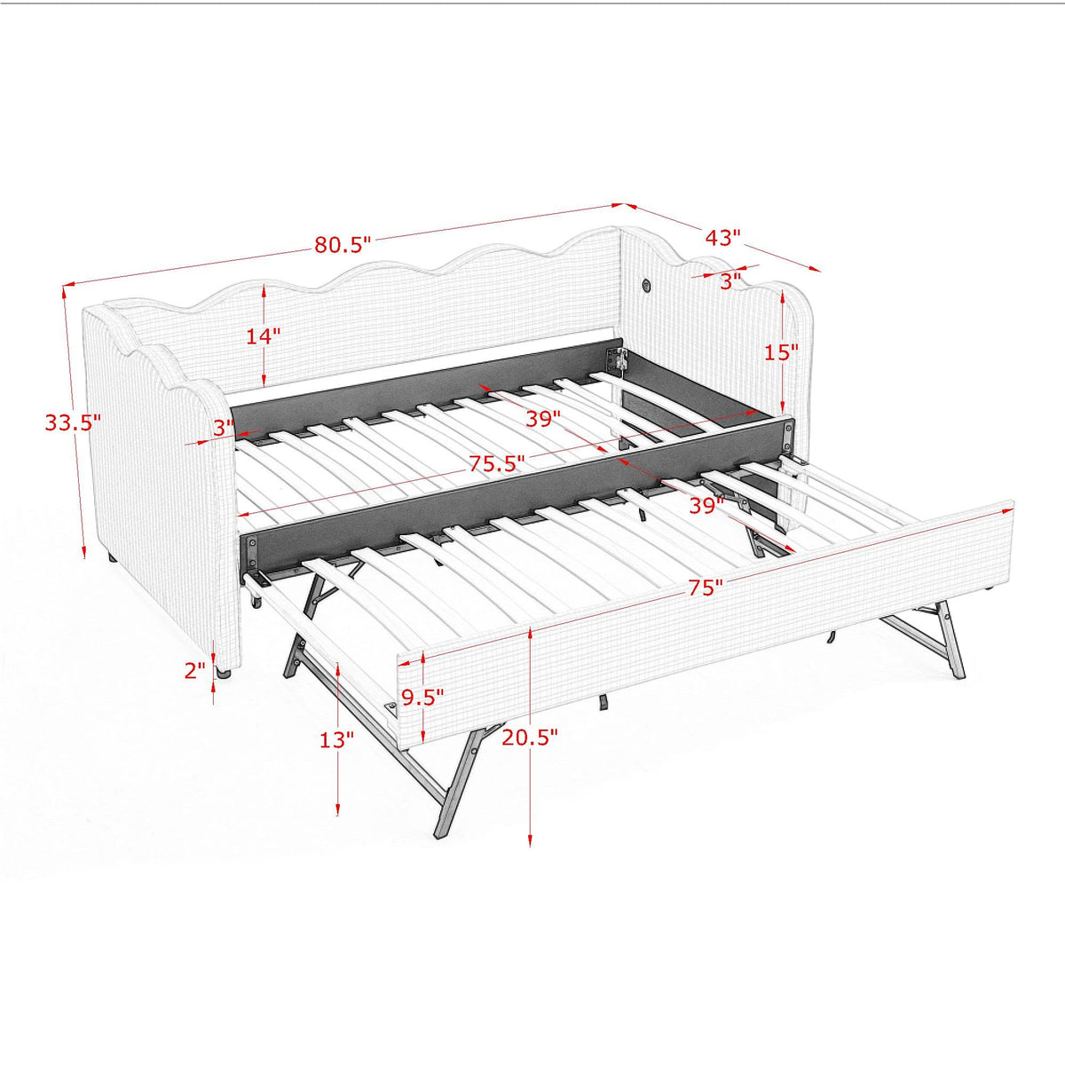 Twin Size Upholstered Daybed with Trundle and USB Port J92414