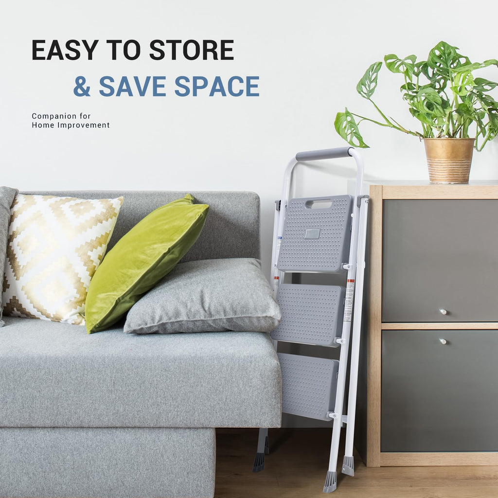 3 Step Ladder with Anti-Slip Pedal and Handrail, 800lbs, Grey D7753