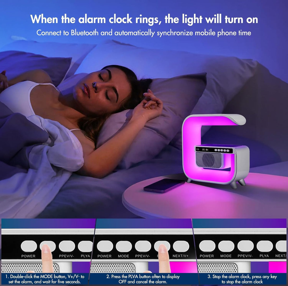 Table Lamp with Bluetooth Speaker, Wireless Charger, Alarm Clock M262