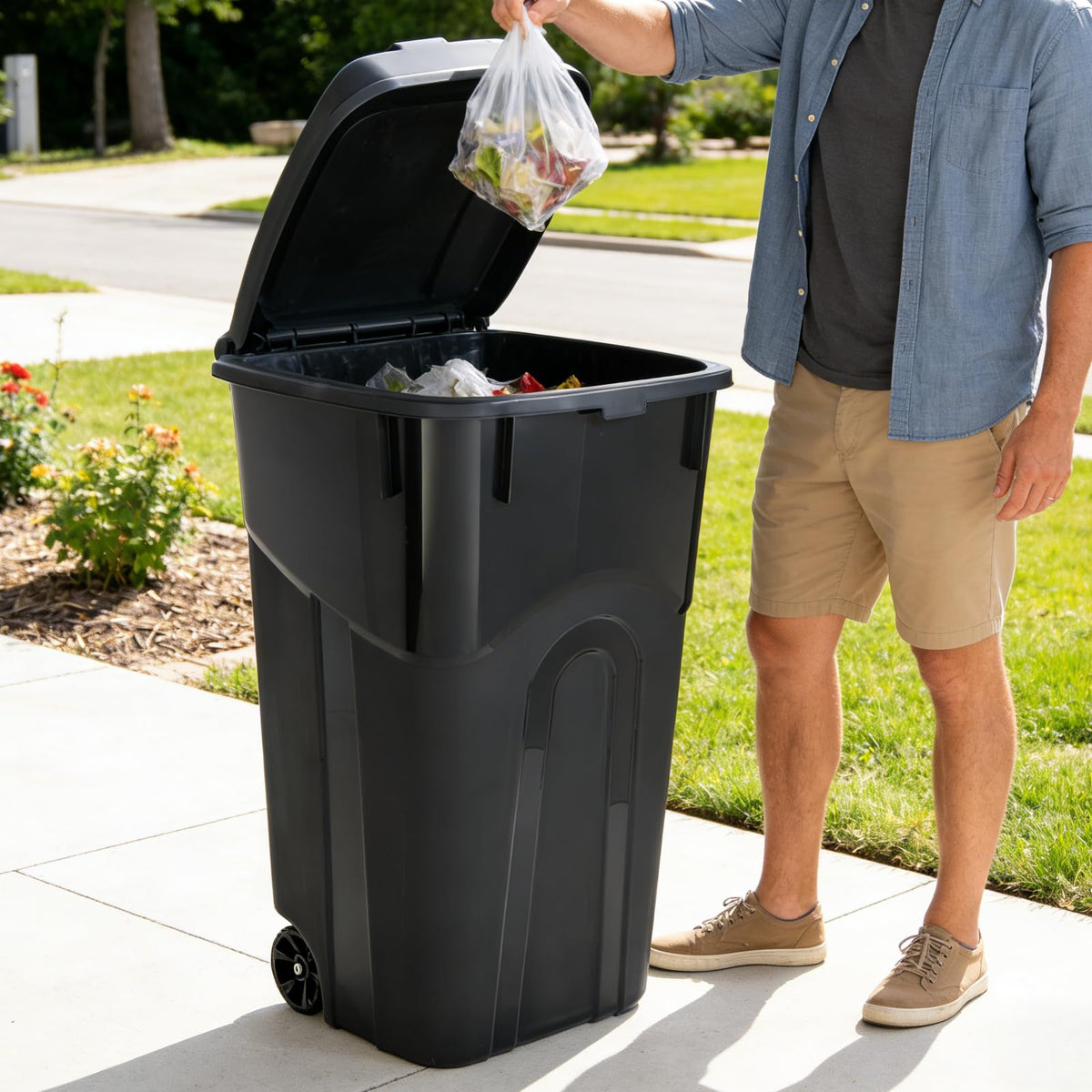 32 Gallon Wheeled Plastic Trash Can with Lid E27579
