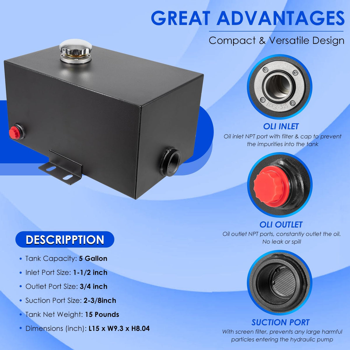 5 Gallon Hydraulic Fluid Reservoir Tank 14 Gauge Steel B478