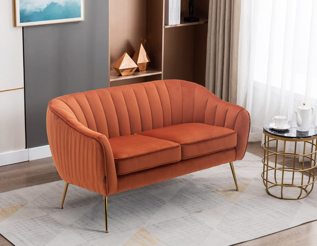 Tufted Velvet Barrel Loveseat Sofa with Golden Metal Legs X509