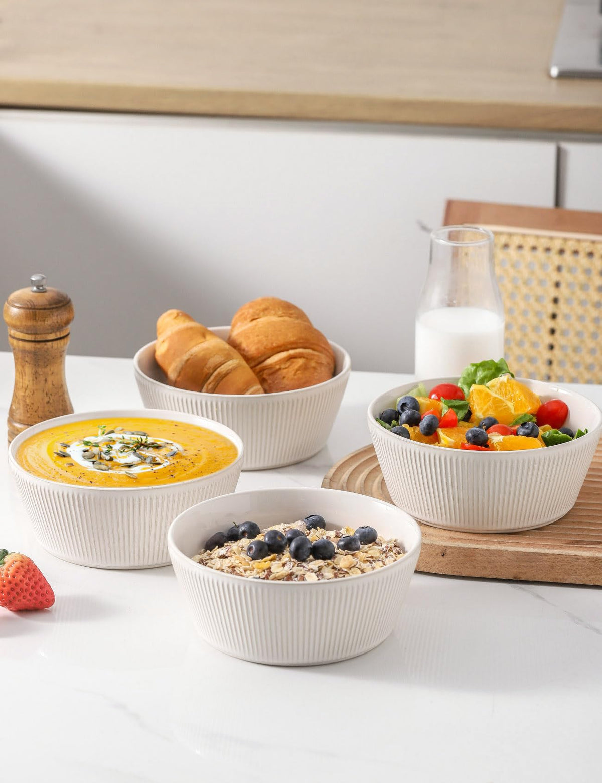 Ceramic Soup Bowls Set of 4, 6.3 inch Microwave Safe White O2451