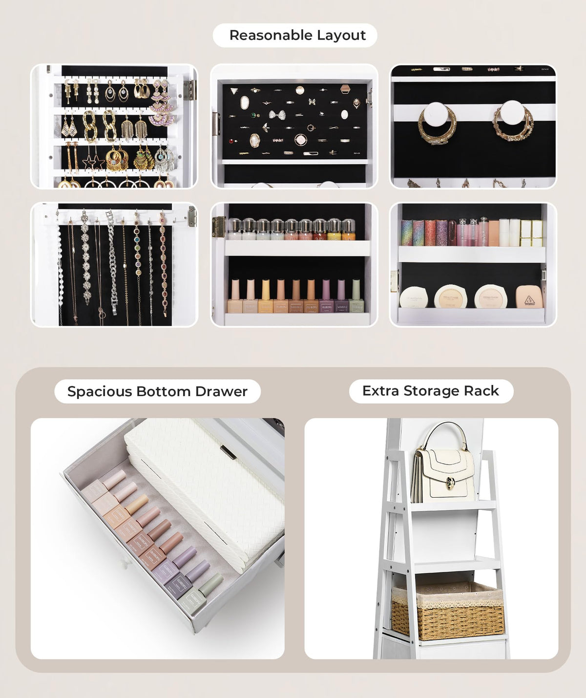360° Swivel Lockable Jewelry Cabinet with Full Length Mirror J33654