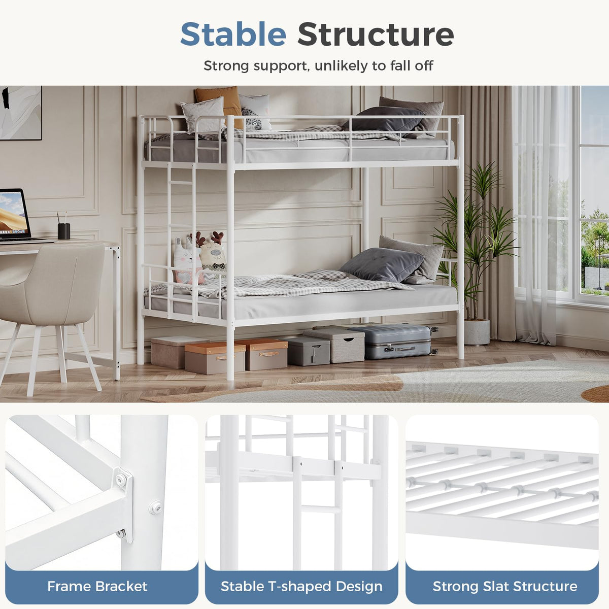 Metal Bunk Bed Twin Over Twin with Ladder and Guardrail D214660