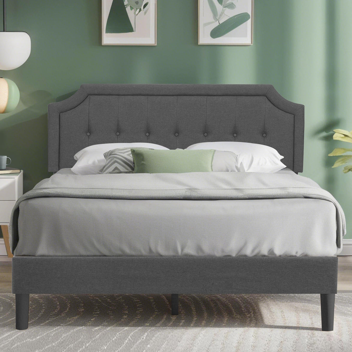 Queen Size Fabric Upholstered Platform Bed Frame with Wooden Slats P809