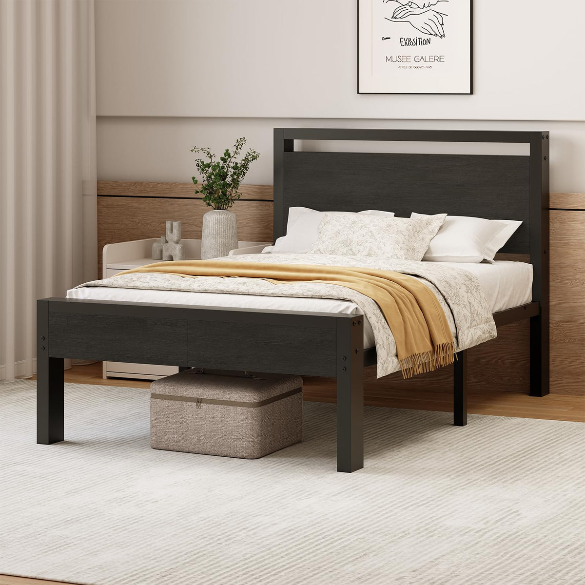 Black Twin Metal Bed Frame with Wooden Headboard and Footboard P4175