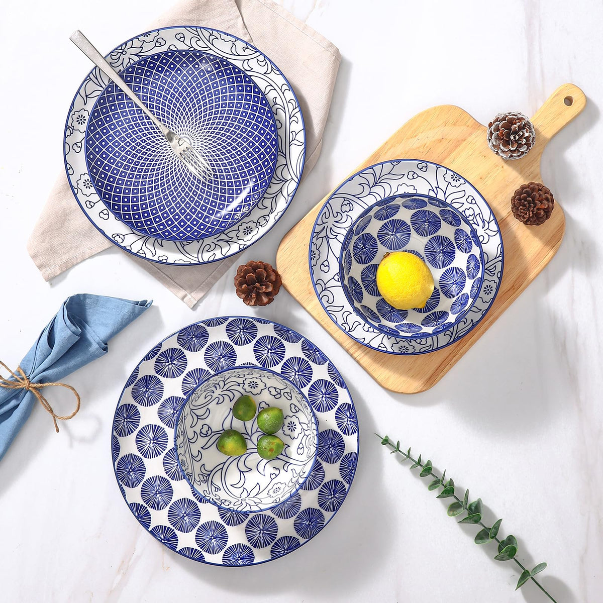 Ceramic Plates and Bowls Set, 12 Pieces Dinnerware Set for 4 U396627