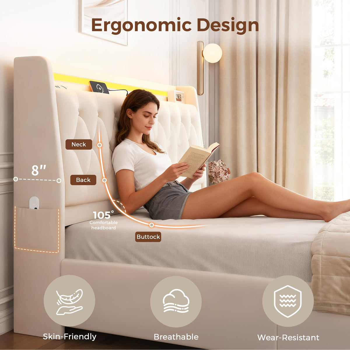 Beige Velvet Upholstered Platform Bed Frame with 2 Storage Drawers C459260
