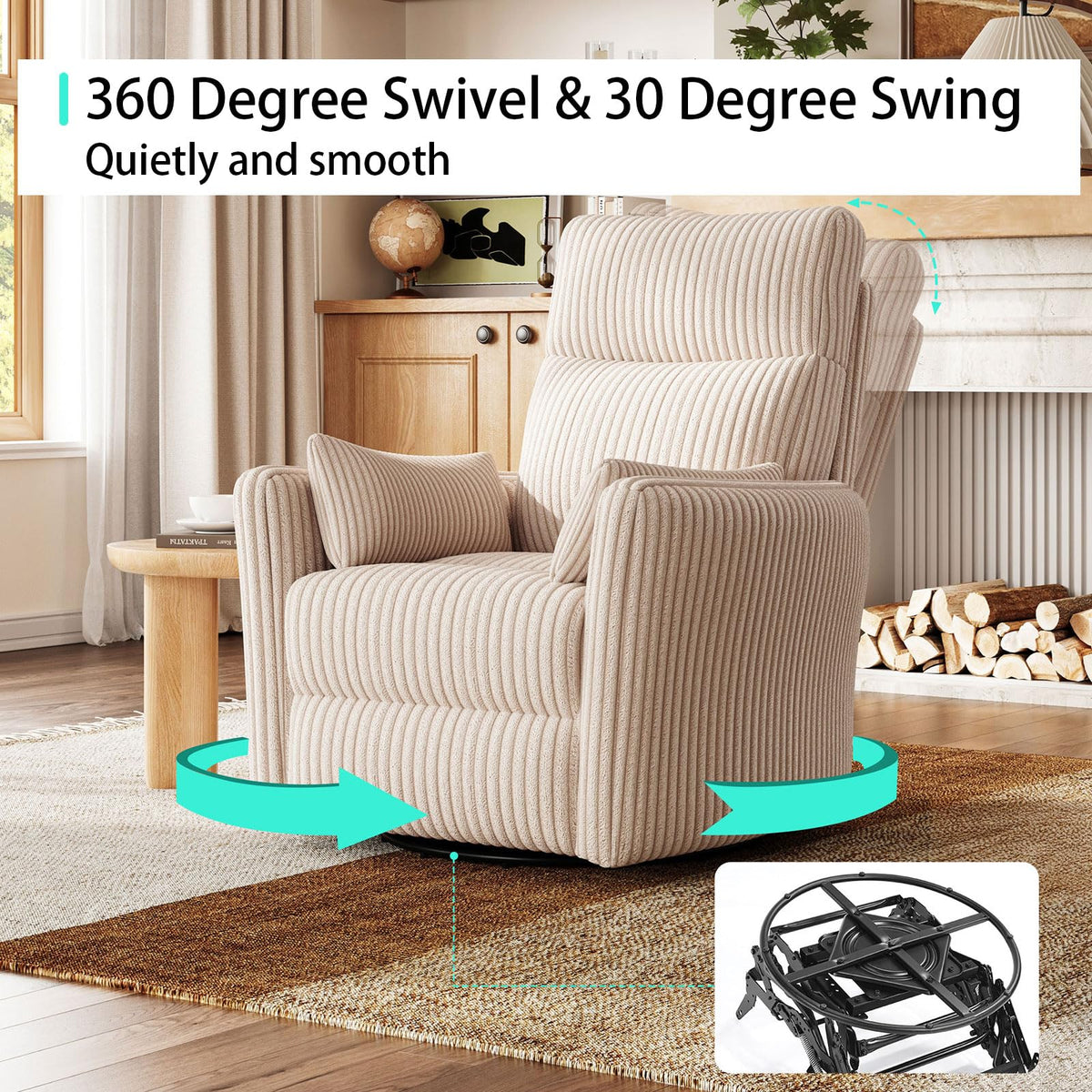 360 Swivel Recliner Chair with 2 Pillows Beige Corduroy P8300