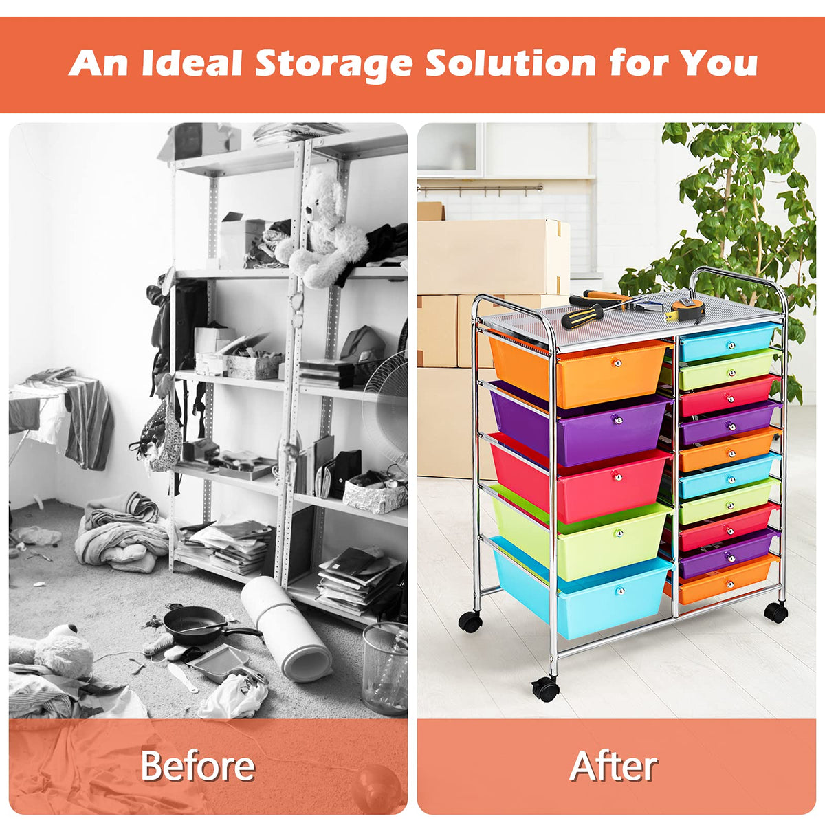 15 Drawer Rolling Storage Cart with Lockable Wheels G98599