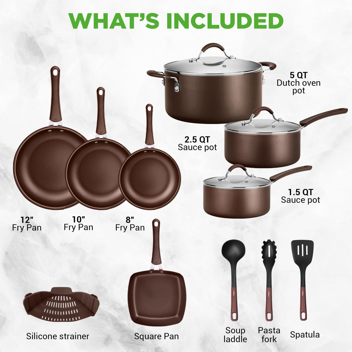 14-Piece Nonstick Brown Cookware Set L9295