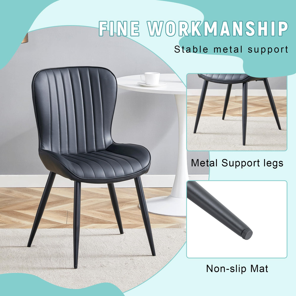 Black Dining Chairs Set of 4 PU Leather Metal Leg M386023