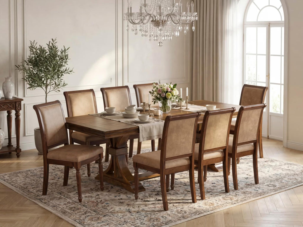9 Piece Dining Table and 8 Beige Polyester Fabric Chairs U3988