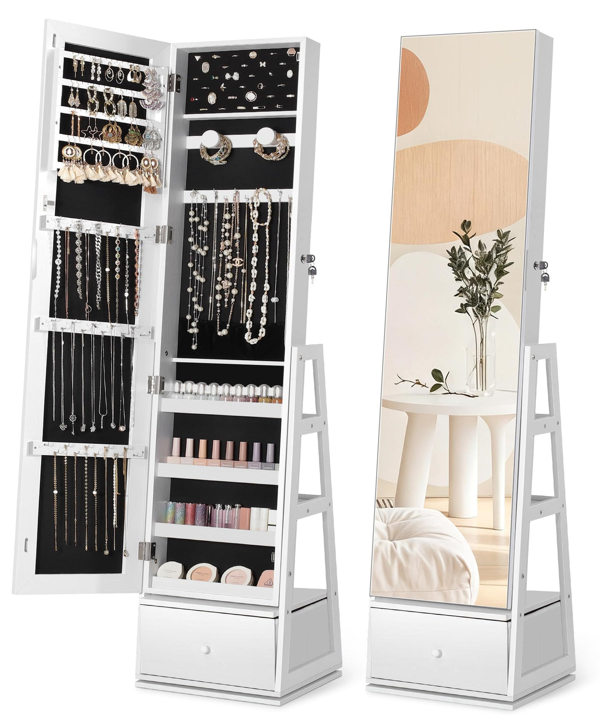 360° Swivel Lockable Jewelry Cabinet with Full Length Mirror J33654