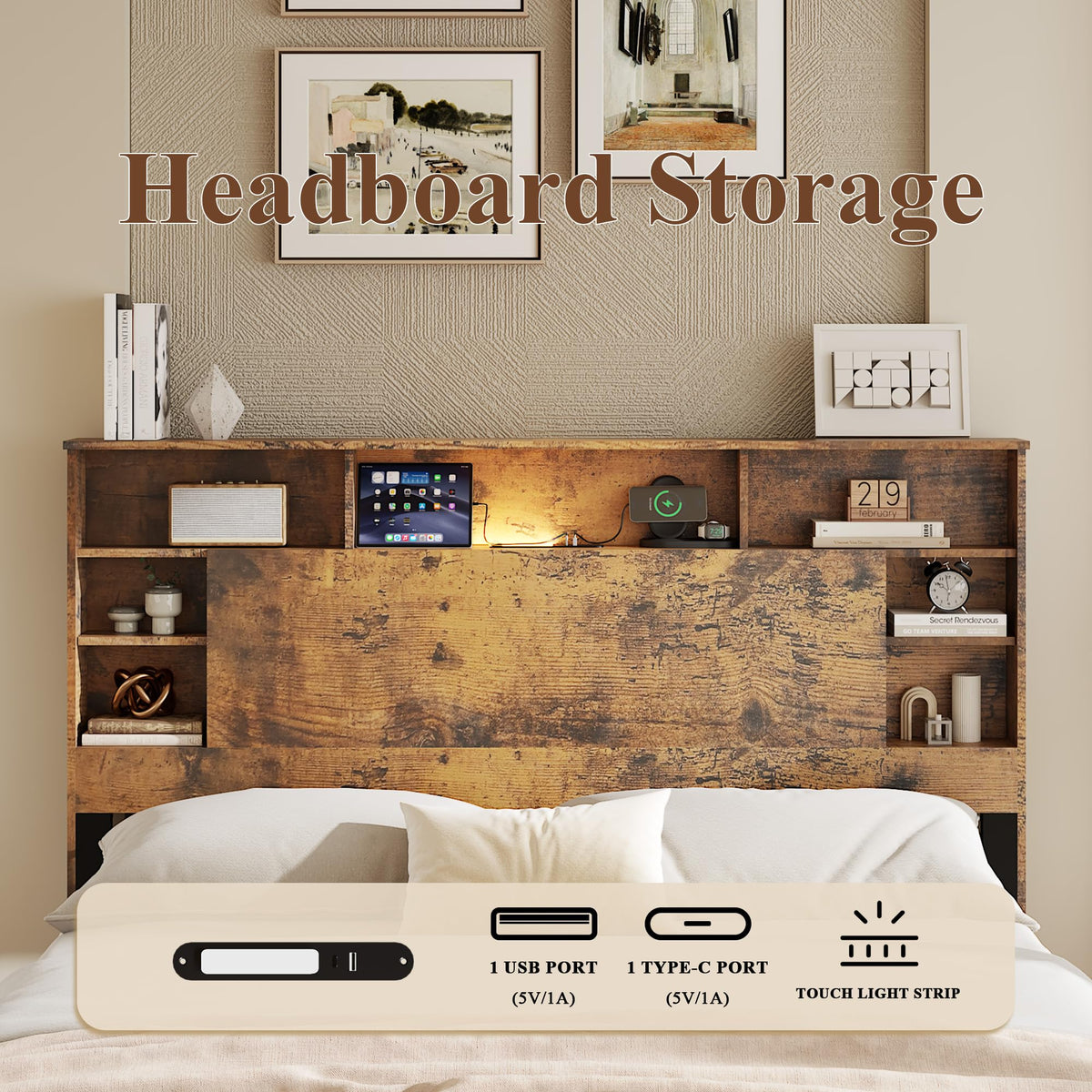 Full Size Storage Headboard Charging Station LED Platform Bed Frame D948936