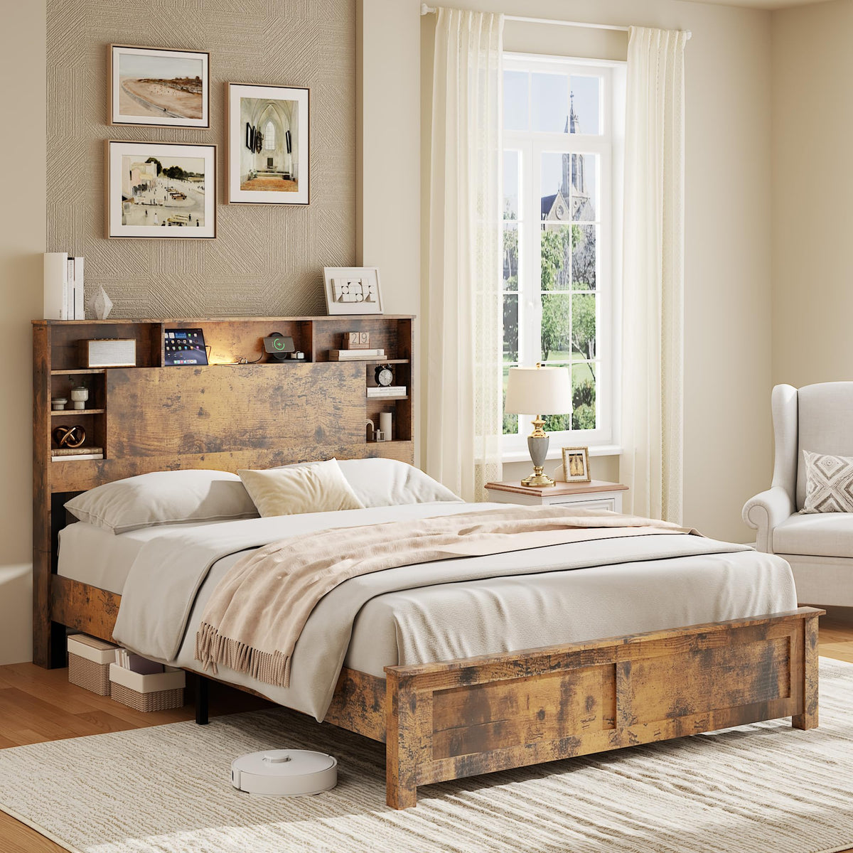 Full Size Storage Headboard Charging Station LED Platform Bed Frame D948936