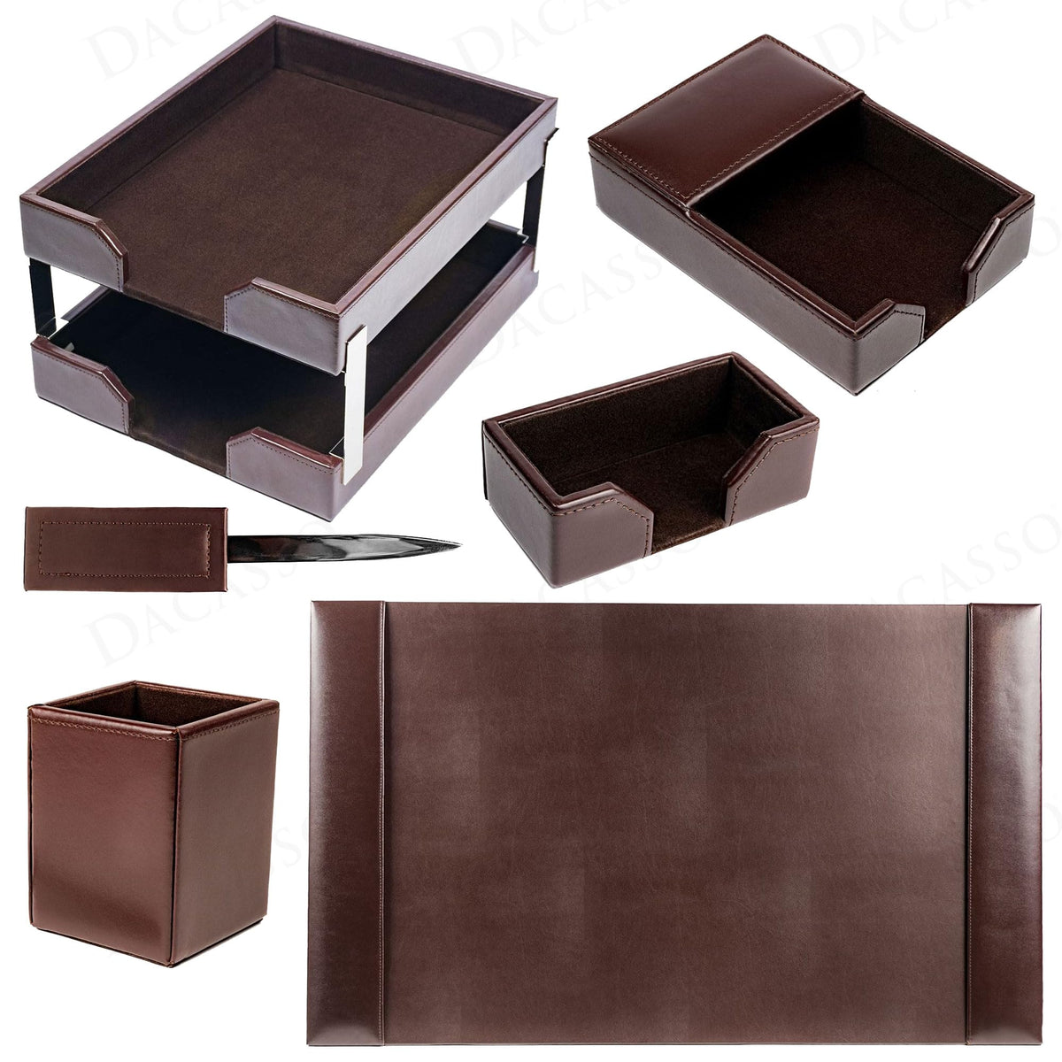 Dark Brown Bonded Leather 8-Piece Desk Accessory Set G16016