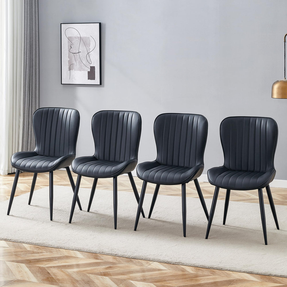 Black Dining Chairs Set of 4 PU Leather Metal Leg M386023