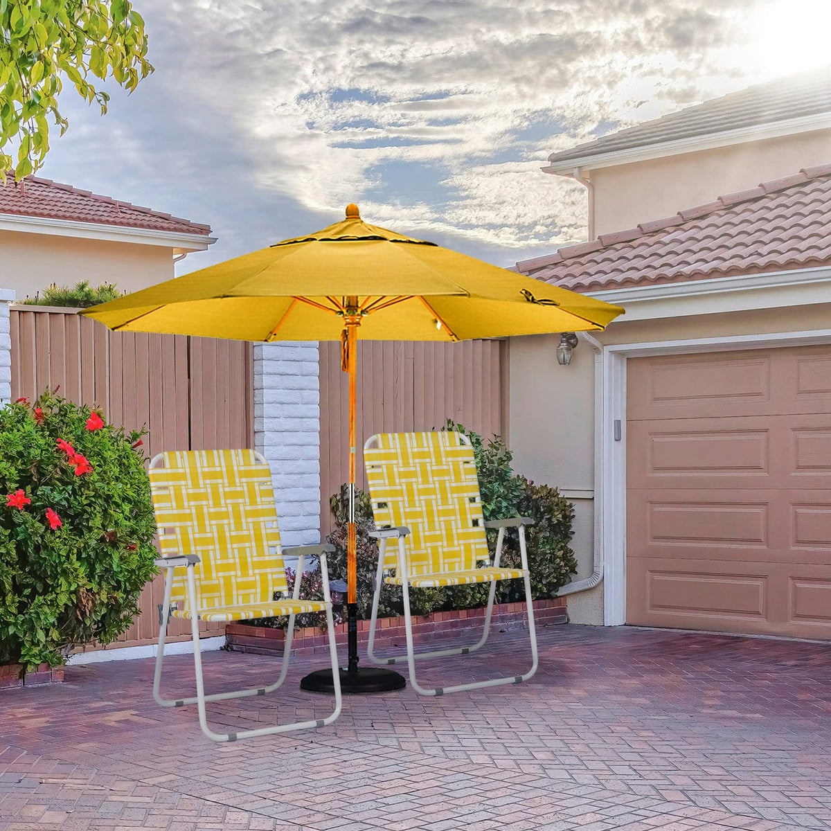 Yellow Striped Webbed Lawn Chairs Set of 2 D4714