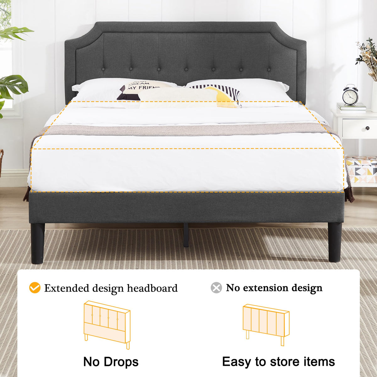 Queen Size Fabric Upholstered Platform Bed Frame with Wooden Slats P809